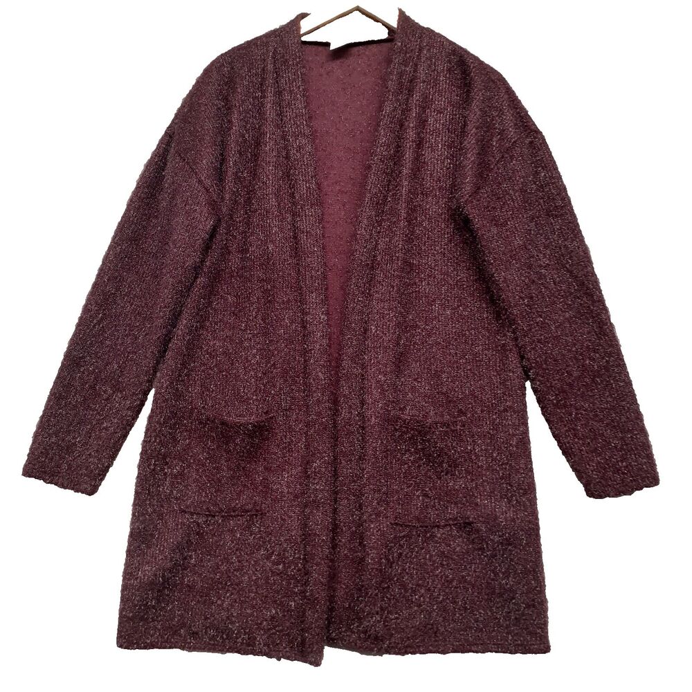 Women Sz XL Plum Purple Sparkly Soft Open Cardigan Pockets Whimsy Goth Cozy